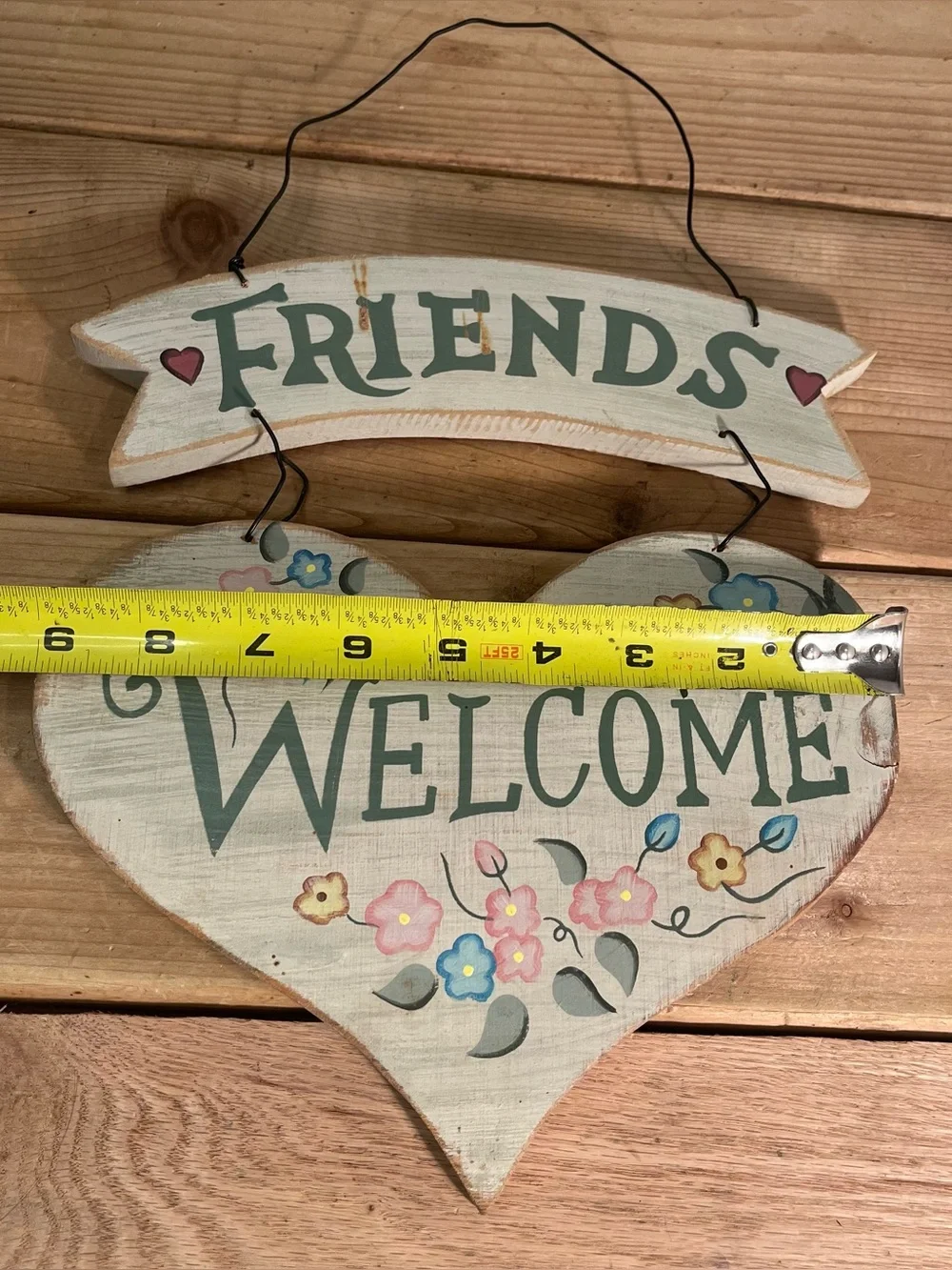Wood Heart Floral Welcome Wall Hanging Country Garden Cottage Core Painted